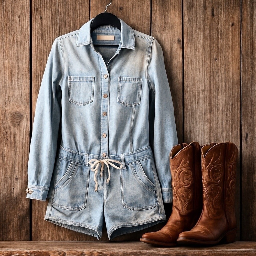 Hollister Denim Romper Women S Light Blue Y2K Western Countrycore Festival